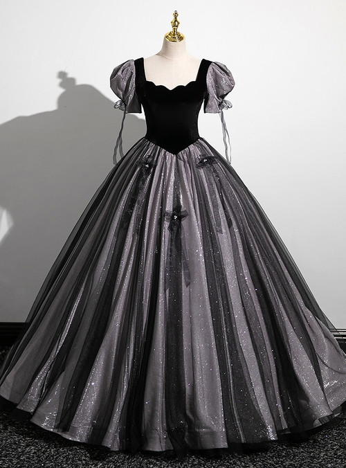 Black Velvet Short Sleeve Square Neck Quinceanera Dress main image 0