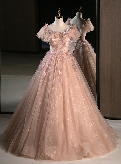 Off Shoulder Sleeveless Beaded 3D Flower Bow Knot Pink Quinceañera Dresses WQ1400