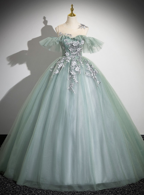 Green Quinceanera Dresses Ball Gown Off The Shoulder Tulle Appliques Sweet 16 Dresses main image 1