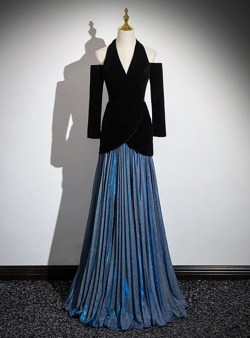 3/4 Sleeves Pleated V-neck Sheath Long Dress With Slit Black