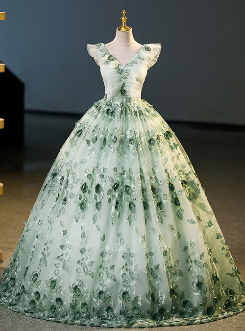 White Tulle V-neck Rose Flower Quinceanera Dress main image 0