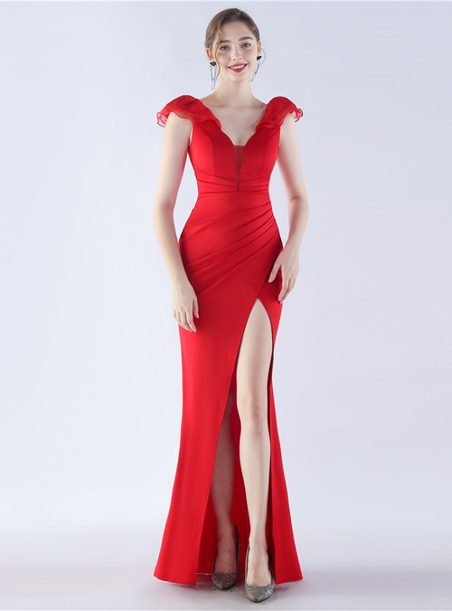 2-Piece Embroidered Red Net Party Wear Dress (DZ13297)
