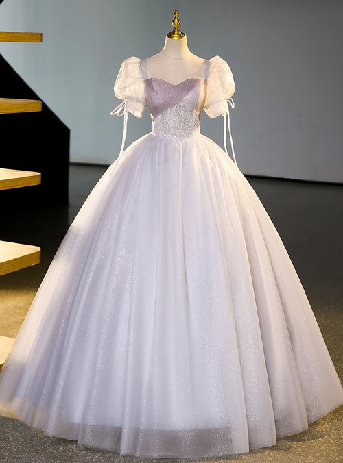 Champagne Pink Tulle Puff Sleeve Quinceanera Dress