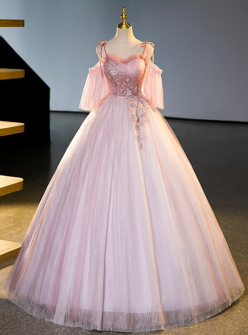 Pink Tulle Spaghetti Straps Long Sleeve Beading Quinceanera Dress main image 0