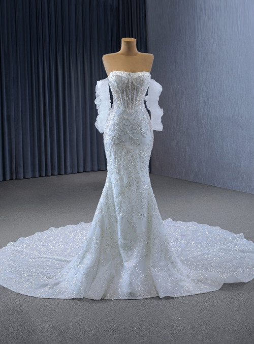 Mermaid Strapless White Satin Wedding Dresses with Train VK25092309