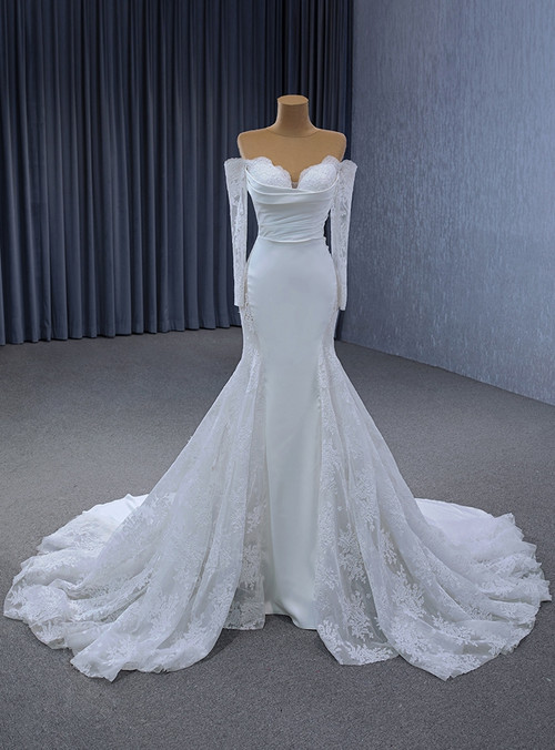 Classy White Chiffon Pleated Slit Mermaid Long Wedding Dress Bridal Dress main image 1