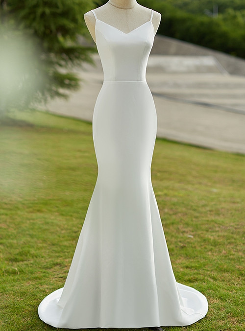 White Mermaid Spaghetti Straps Applique Lace Corset Wedding Dress with Lace-up Back