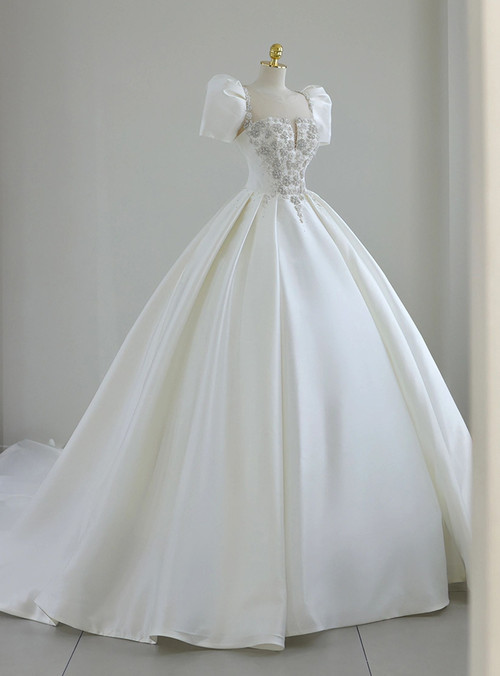Satin Ball Gown Puffy Sleeves White V-Neck Wedding Dress main image 0