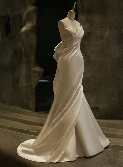 White Mermaid Satin Appliques See Through Wedding Dress
