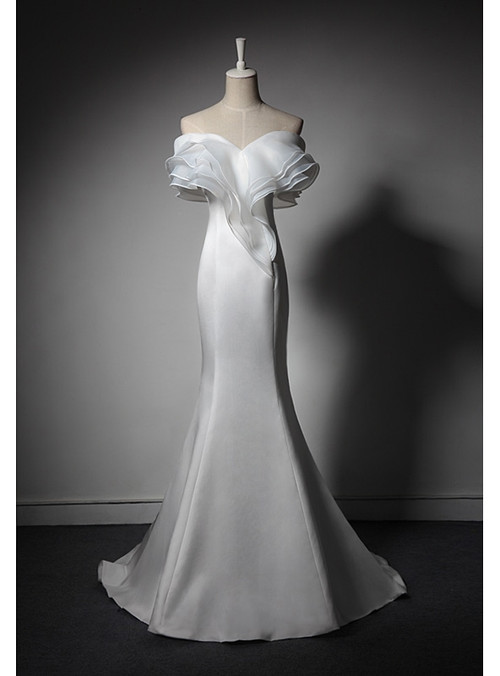 Sexy Mermaid Scoop White Backless Satin Long Wedding Dresses C1606