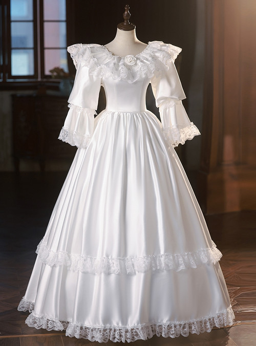 White Lace Satin Long Sleeve Dress main image 0
