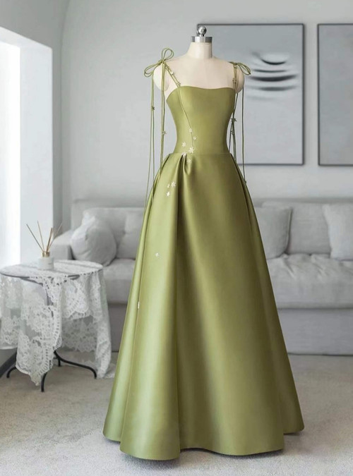 A-Line Dark Green Satin Straps Long Party Dress, Green Satin Classy Prom Dress main image 0