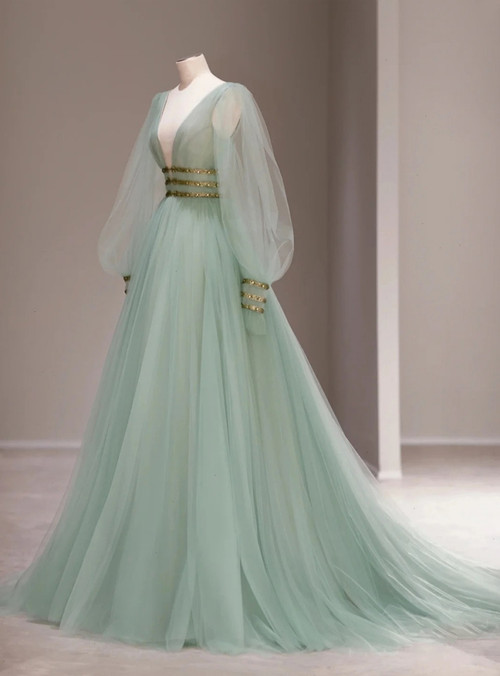 V-neck Long Tulle Dresses with Slit Lime Green