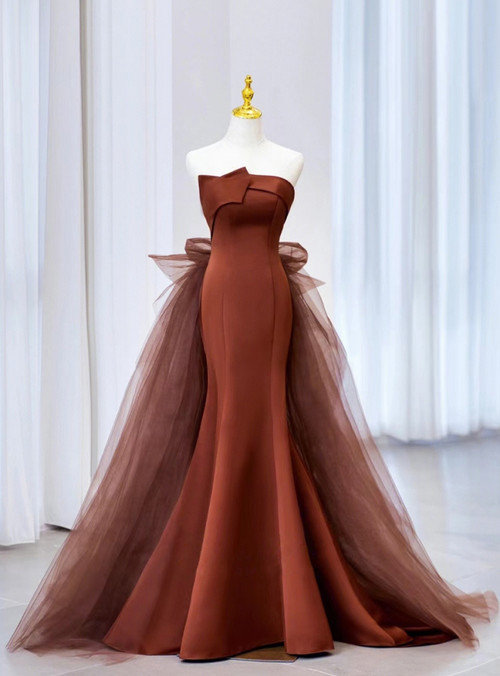 Coffee one shoulder tulle long prom gown, coffee tulle formal dress BD85