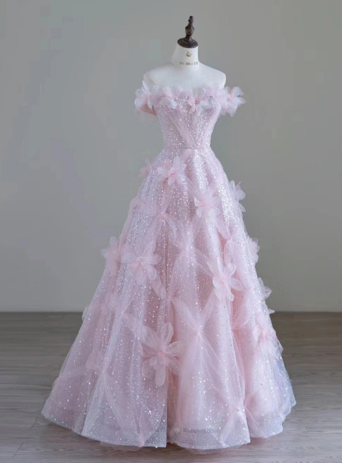 Pretty Pink Tulle Sequins Off the Shoulder Prom Dress main image 0