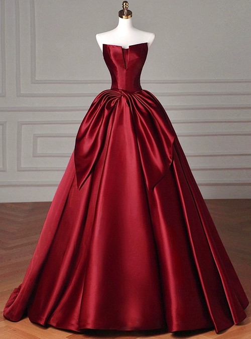 Hot Sale Burgundy Satin Strapless Bow Prom Dress main image 0