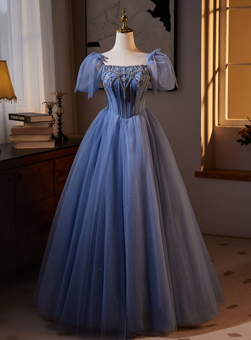 Puffy Blue Tulle Beading Formal Prom Dress