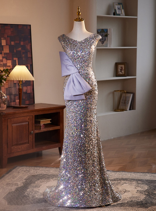 Sparkle in Style with Silver V-Neck Sequins Mermaid Prom Dress