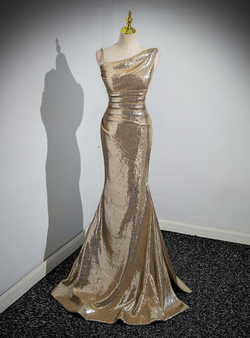 Blue Gold Tulle Sequins V-neck Pleats Formal Prom Dress main image 1
