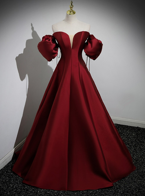 Burgundy Satin Strapless Mermaid Lace Appliques Prom Dresses With Slit, PL613