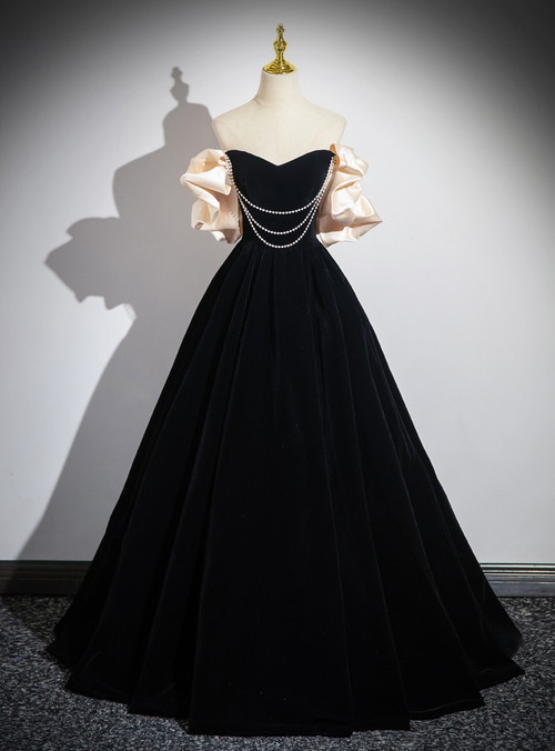 Stylish Black Short Strapless Sleeveless Tea Length Velvet Prom Dress main image 1