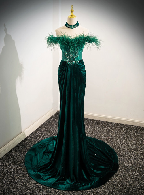 Sexy Dark Green Velvet Side Slit Crystal One Shoulder Prom Dress
