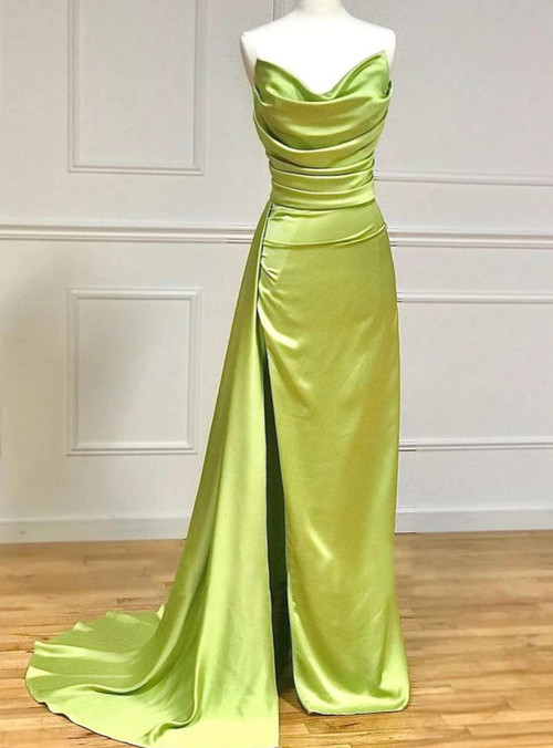 Olive Green Formal Dresses Halter Trumpet/Mermaid Stretch Satin Formal Dresses With Split
