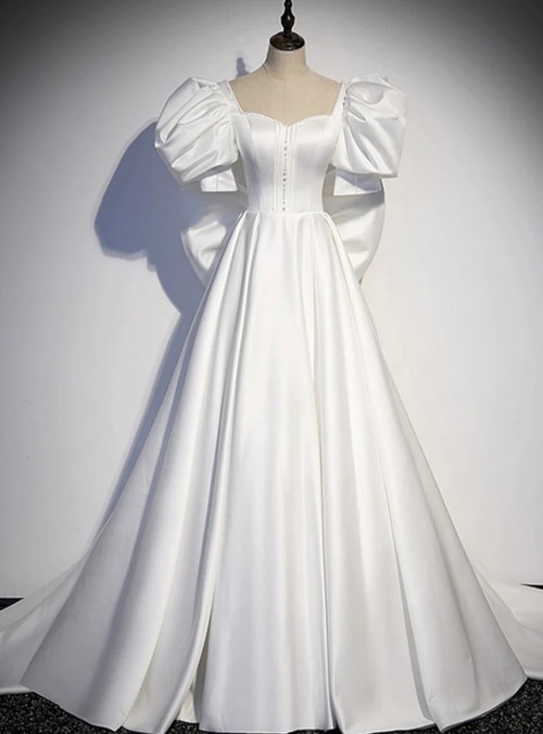 Satin V-Neck Gown with Puff Sleeves and Bow White