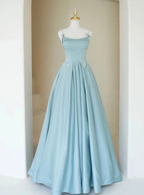 Elegant Strapless Pleated Satin Dusty Blue Floor Length Prom Dress With Streamer