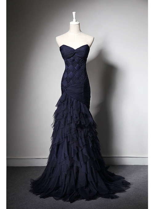 Blue Mermaid Sleeveless Prom Dress with Tulle Ruffles and Appliques main image 0