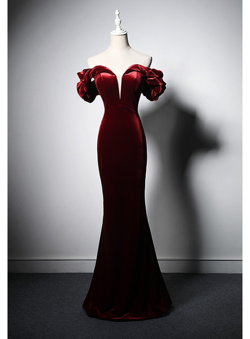Sexy Mermaid Burgundy Velvet Prom Dresses With Gloves C43