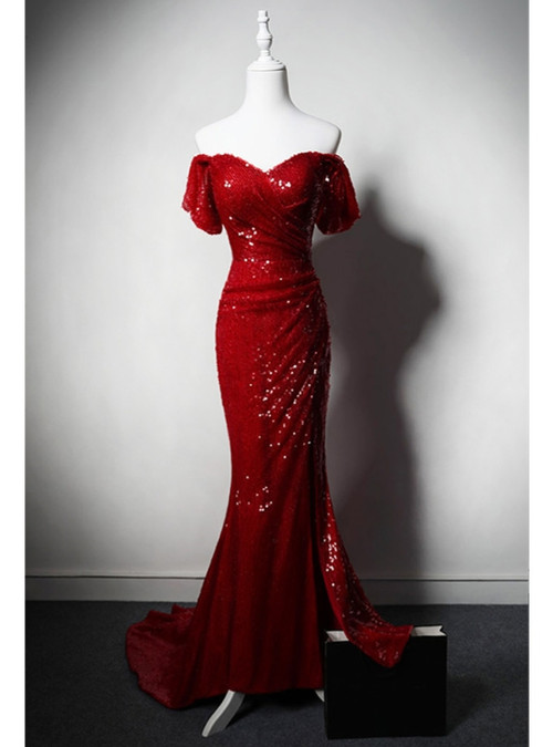 Wine Red Sequins Mermaid Long Party Dress, Off Shoulder Sweetheart Prom Dress
