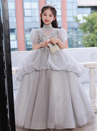 In Stock:Ship in 48 Hours Gray Short Sleeve Flower Girl Dress