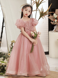 In Stock:Ship in 48 Hours Pink Tulle Puff Sleeve Flower Girl Dress