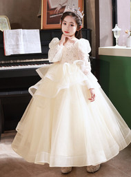 In Stock:Ship in 48 Hours Champagne Long Sleeve Beading Flower Girl Dress