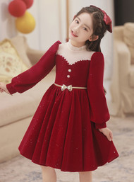 In Stock:Ship in 48 Hours Burgundy Long Sleeve Flower Girl Dress