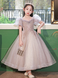 In Stock:Ship in 48 Hours Gray Tulle Sequins Puff Sleeve Flower Girl Dress