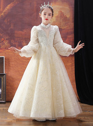 In Stock:Ship in 48 Hours Champagne Long Sleeve Sequins Flower Girl Dress