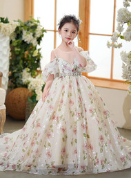 In Stock:Ship in 48 Hours Champagne Tulle Print Flower Girl Dress