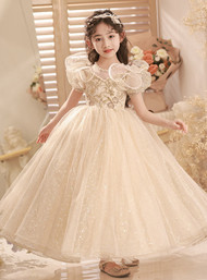 In Stock:Ship in 48 hours Champagne Sequins Puff Sleeve Flower Girl Dress