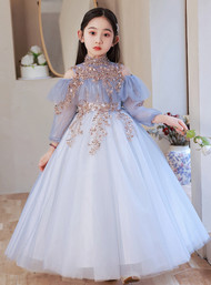 In Stock:Ship in 48 hours Blue Sequins Tulle Long Sleeve Flower Girl Dress