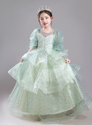 In Stock:Ship in 48 hours Green Tulle Short Sleeve Flower Girl Dress