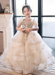 In Stock:Ship in 48 hours Champagne Puff Sleeve Sequins Flower Girl Dress