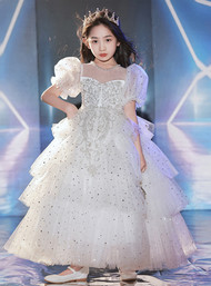 In Stock:Ship in 48 hours White Puff Sleeve Flower Girl Dress