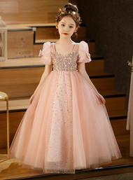 In Stock:Ship in 48 hours Pink Tulle Sequins Puff Sleeve Flower Girl Dress