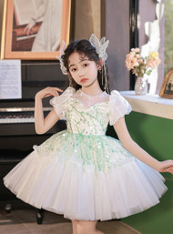 In Stock:Ship in 48 hours White Tulle Green Sequins Flower Girl Dress