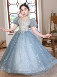 In Stock:Ship in 48 hours Blue Sequins Short Sleeve Flower Girl Dress