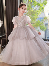 In Stock:Ship in 48 hours Gray Tulle Puff Sleeve Flower Girl Dress 