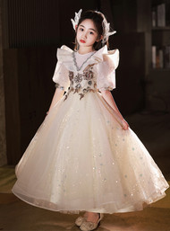 In Stock:Ship in 48 Hours Champagne Sequins Appliques Flower Girl Dress