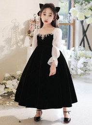 In Stock:Ship in 48 Hours Black Velvet Long Sleeve Flower Girl Dress